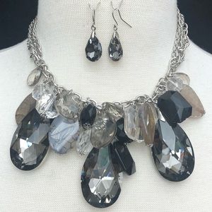 Large Grey Black Beaded Cluster Necklace Earrings Set